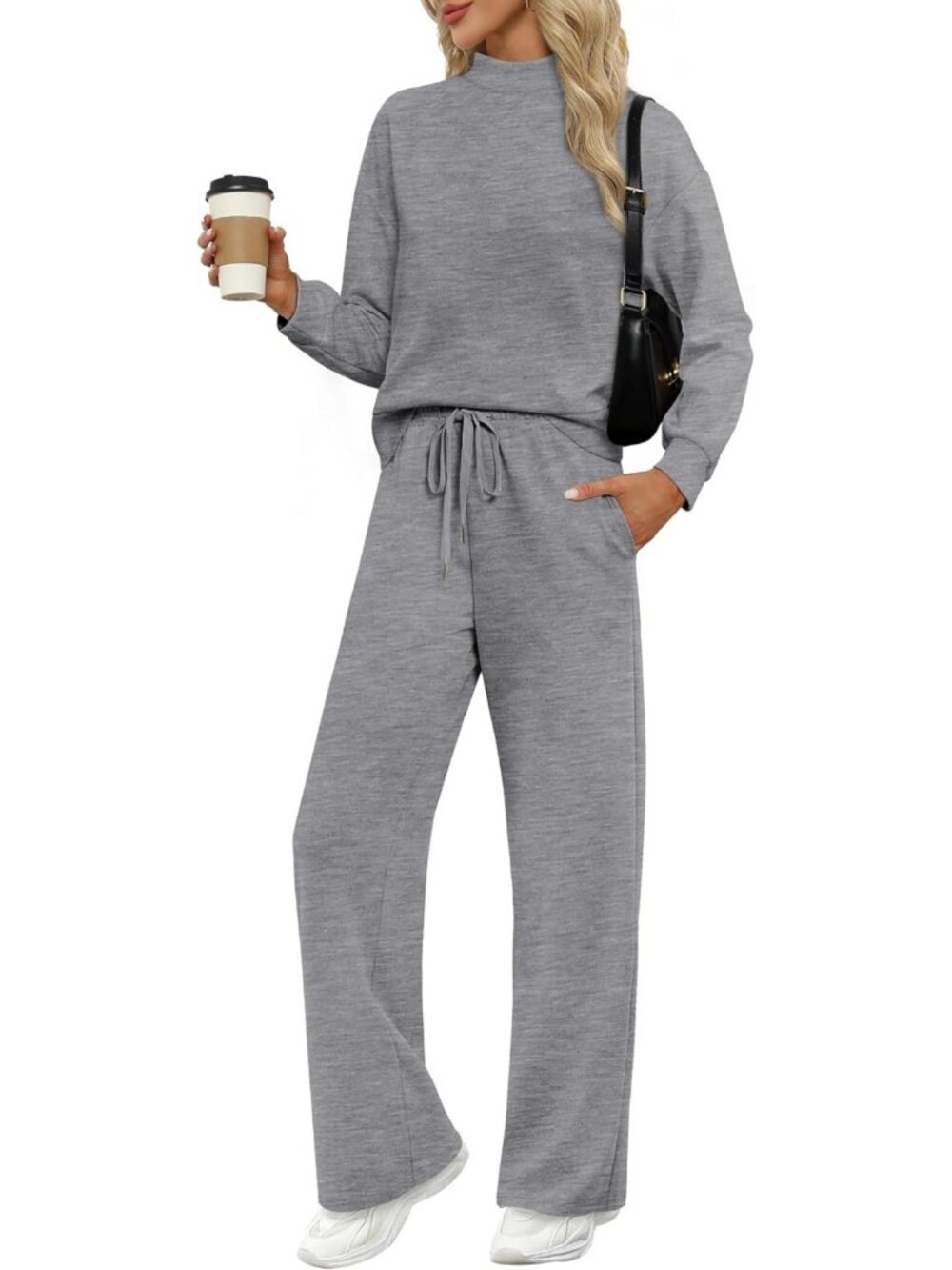 Chic Two-Piece Lounge Set for Women | Mock Neck Top & Wide Leg Pants | Fall